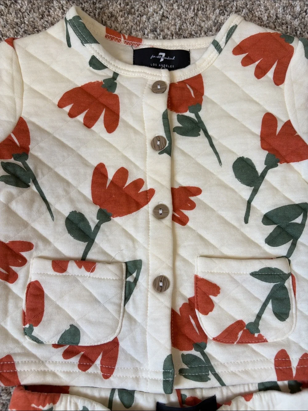 7 For All Mankind Quilted Floral Pajama Set - Cream, Rust & Green